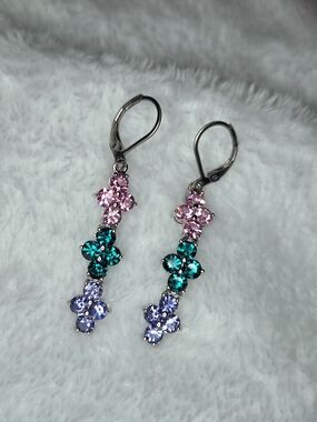 Triple-Cluster Crystal Drop Earrings in Pink, Teal & Lavender